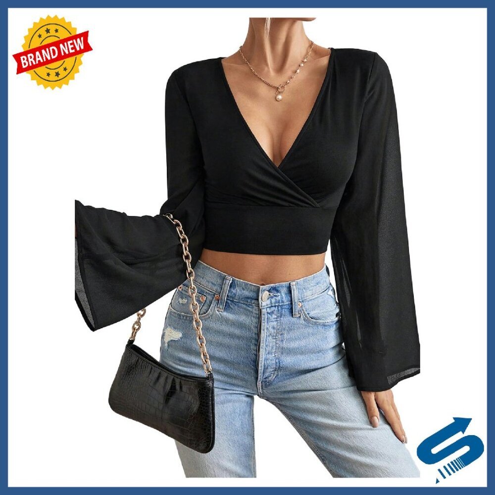 Mesh Crop Top Wrap V Neck Bell Sleeve T-Shirt Women's Going Out